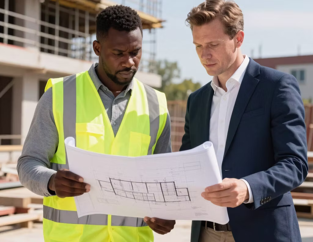 Contractors reviewing blueprints with local insurance agents in Peoria, IL